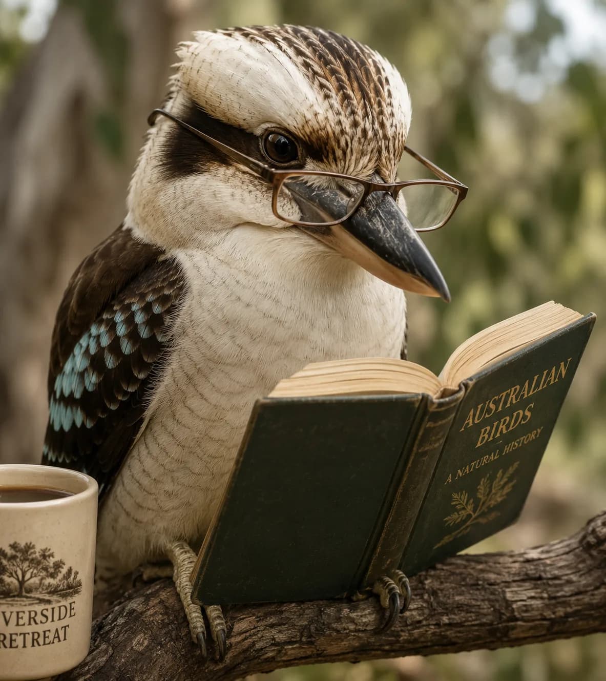 A kookaburra wearing reading glasses, perched on a branch with an open book about Australian birds